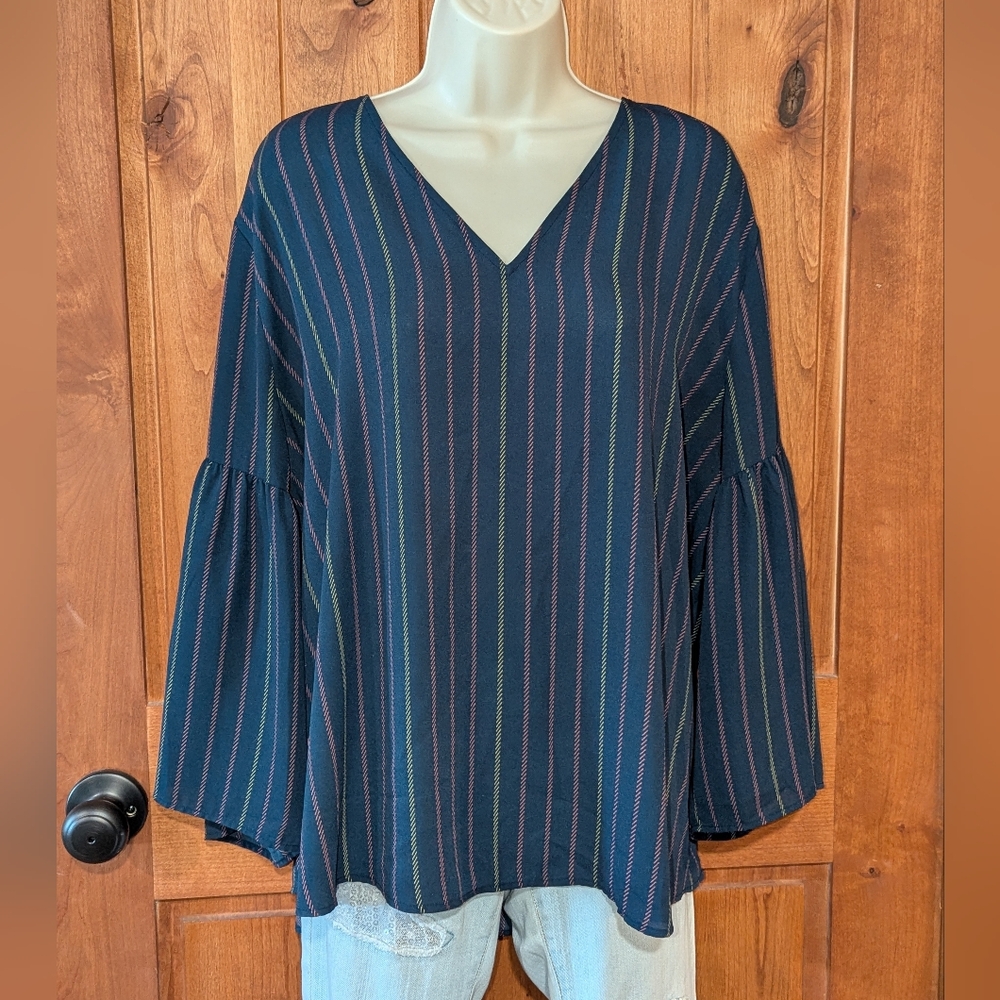 Van Heusen Navy‎ Striped Bell Sleeve Blouse
